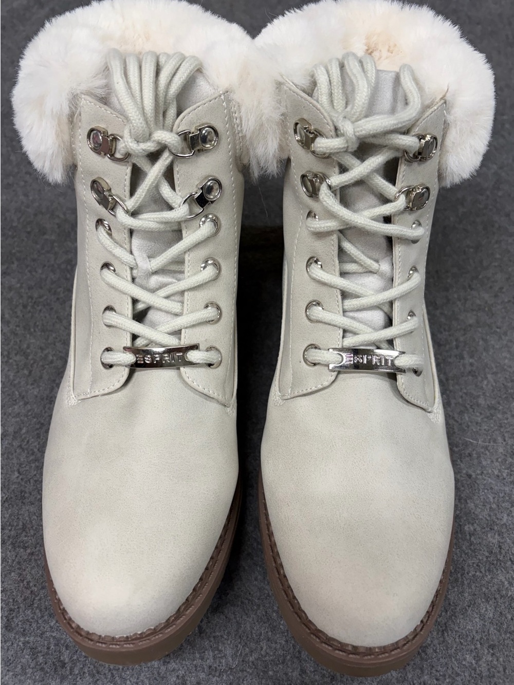 Esprit Cream Lace-Up Faux Fur Ankle Boots with Tan Sole